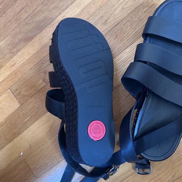 FitFlop Eloise Black Ankle Strap Open Toe Strappy Upper Espadrille Wedge Sandals - Picture 6 of 9